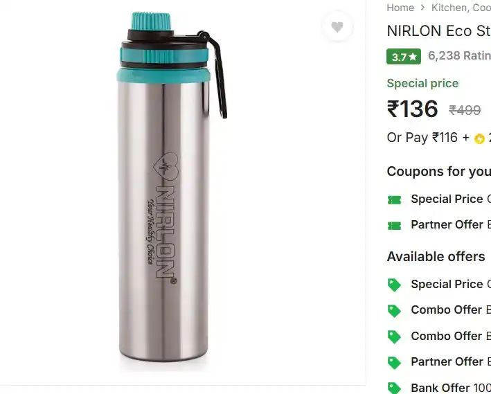 Image from Deals Mega Mart: NIRLON Eco Star Stainless Steel Water Bottle 900ml ✅ Price: ₹ 136 h...