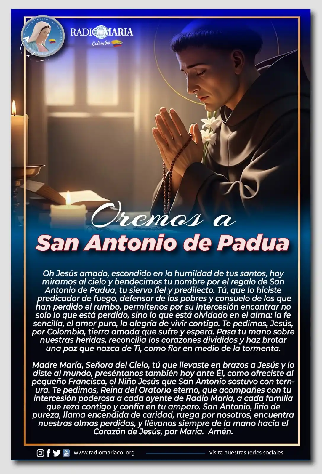 Image from Canal Radio María Colombia: 🕯 *Oremos con Radio María en este día* que recordamos a *San Antonio ...