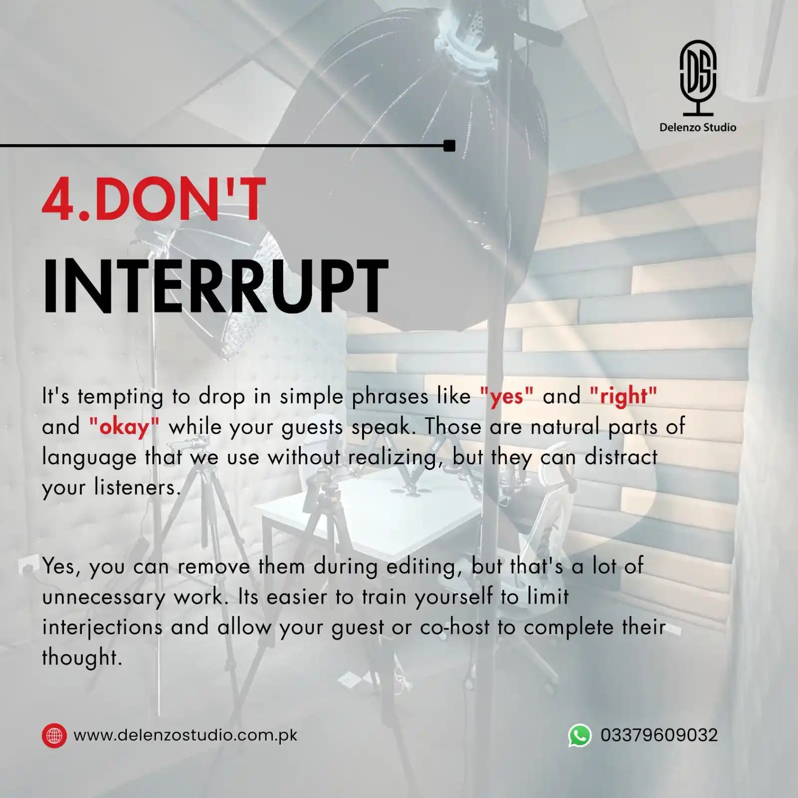 Image from Delenzo Studio: Podcasting tip that goes a long way — avoid interrupting your guest wh...
