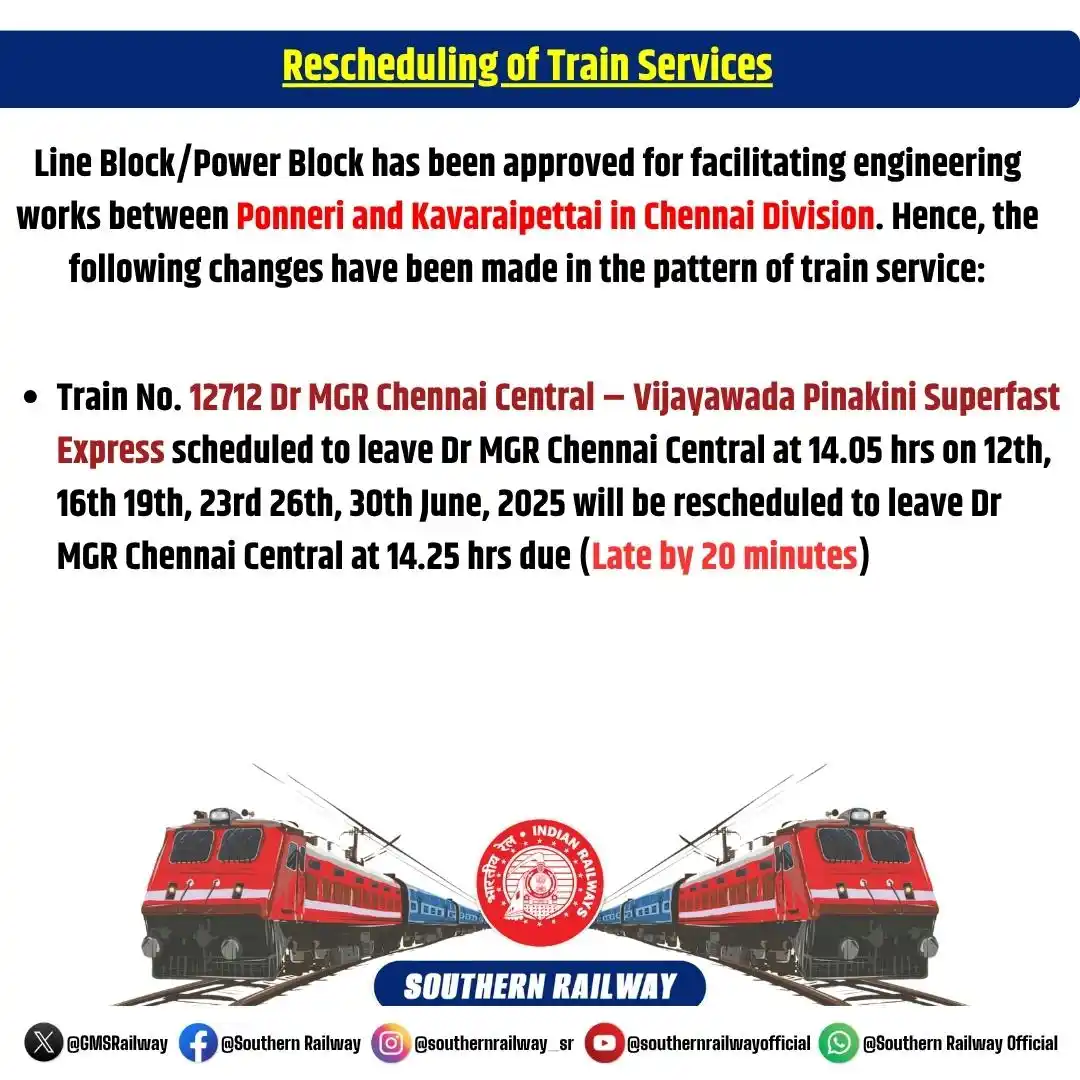 Image from Southern Railway Official: Rescheduling of Train Services due to Line Block/Power Block for facil...