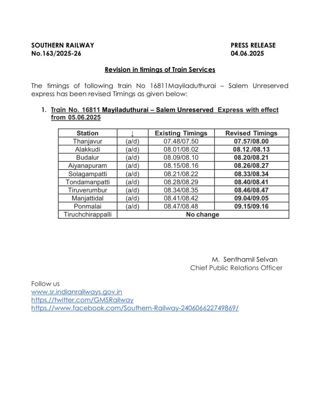 Image from Southern Railway Official: 🕒 Revised Train Timings! Train No. 16811 <a class="text-blue-500 hov...