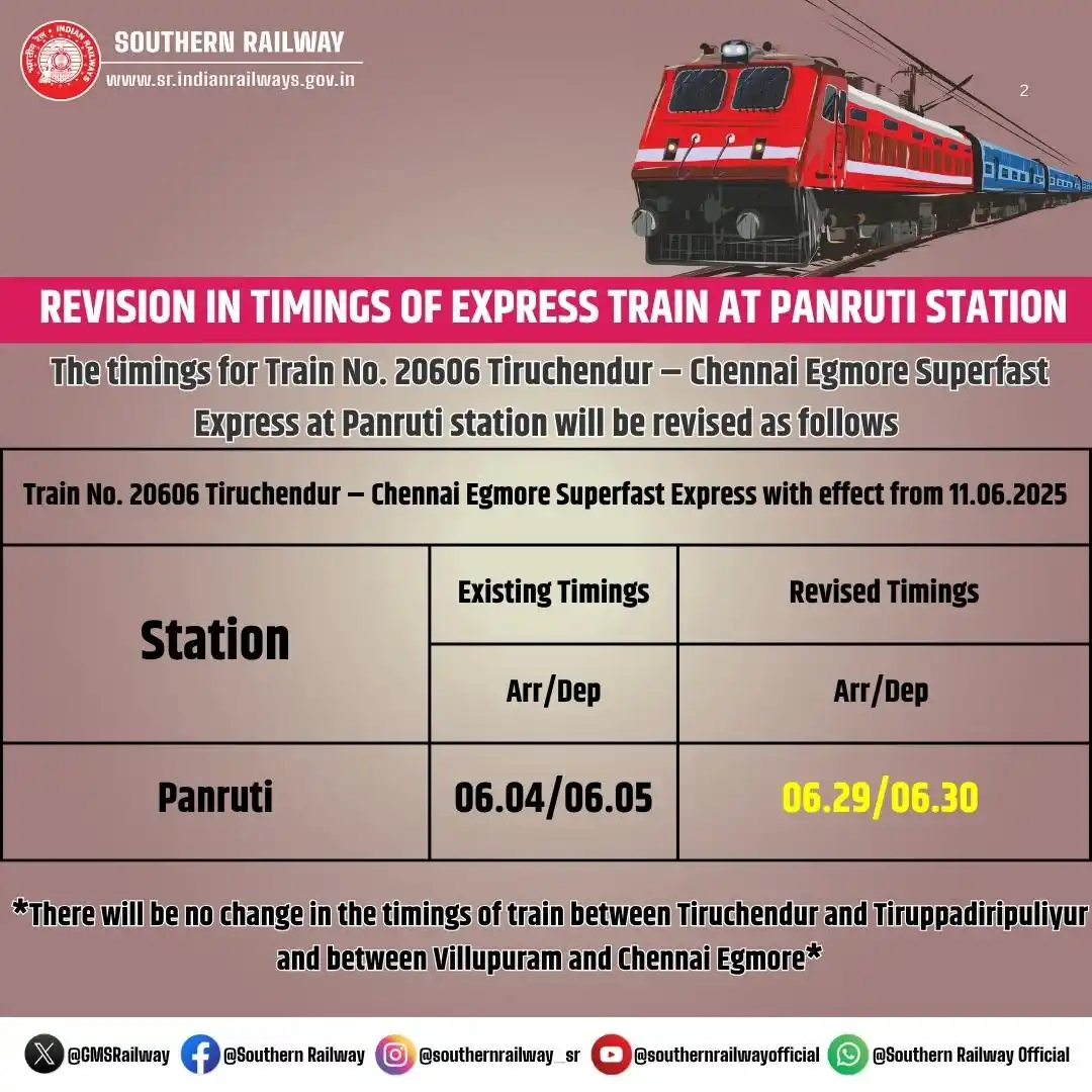 Image from Southern Railway Official: Revision in timings of Train No. 20606 Tiruchendur – <a class="text-bl...