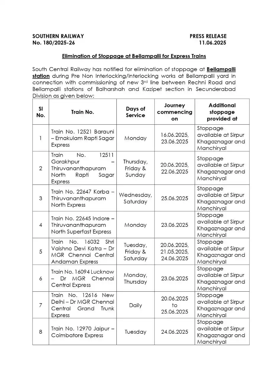 Image from Southern Railway Official: South Central Railway has notified for elimination of stoppage at Bell...