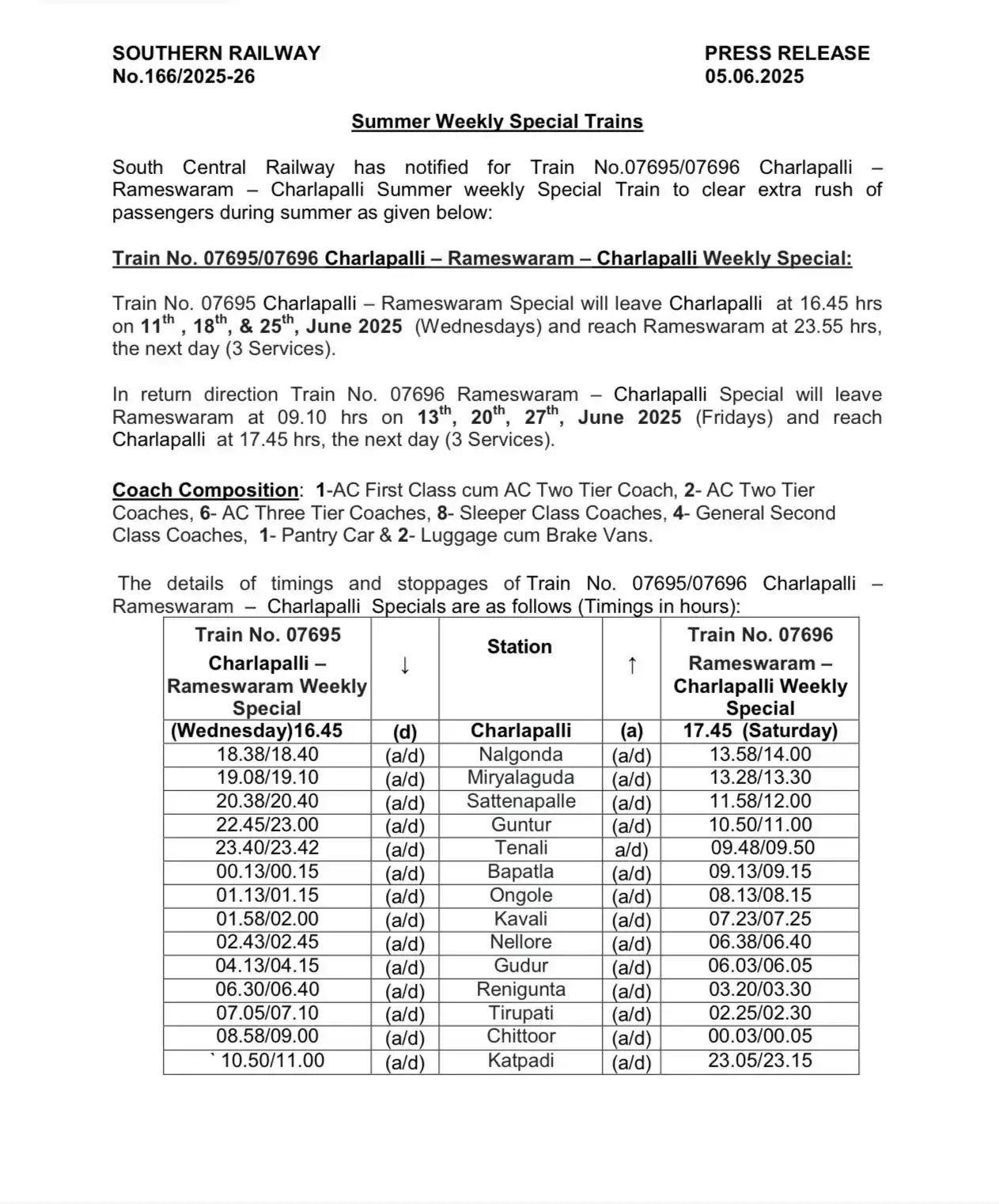 Image from Southern Railway Official: South Central Railway has notified for Train No.07695/07696 Charlapall...