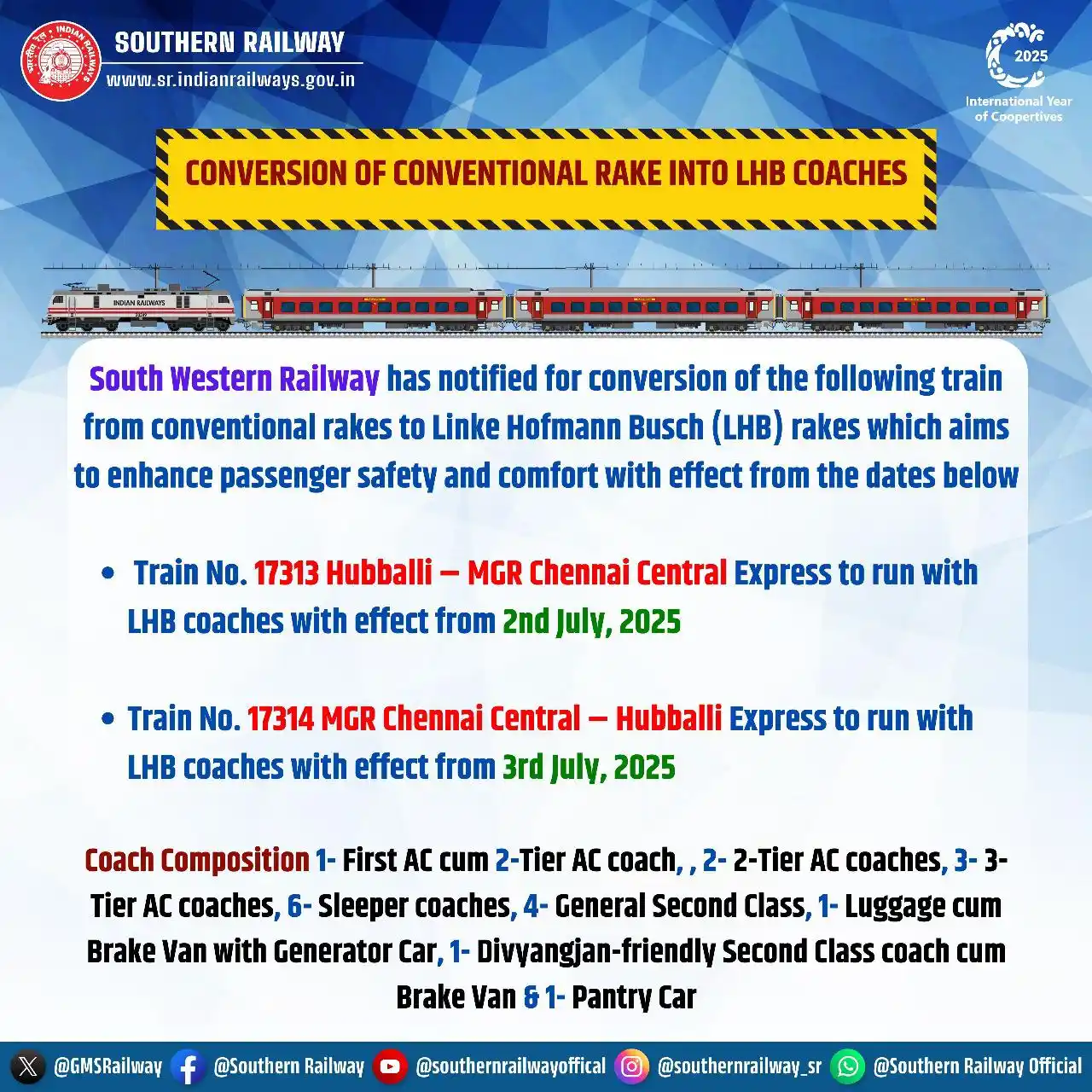 Image from Southern Railway Official: South Western Railway has notified conversion of Train no 17313/17314 ...