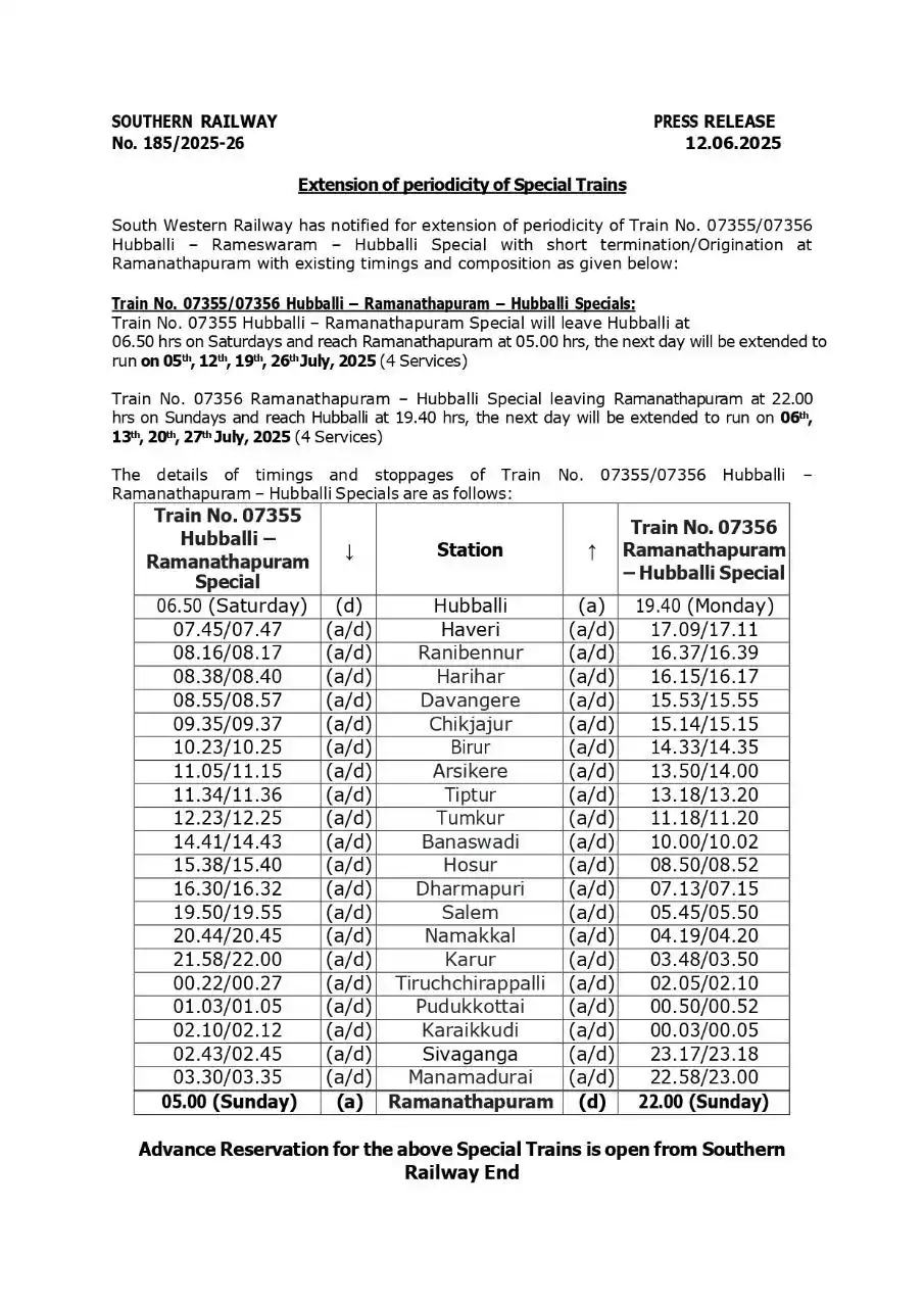 Image from Southern Railway Official: South Western Railway has notified extension of Train No 07355/07356 ...