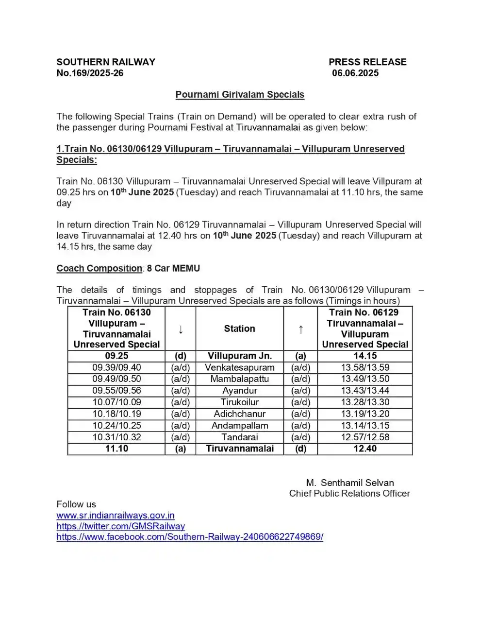 Image from Southern Railway Official: Special Trains will be operated between Villupuram - Tiruvannamalai - ...