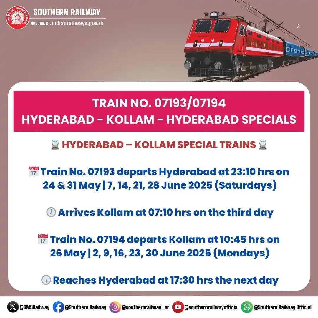 Image from Southern Railway Official: Summer Special Alert! Hyderabad ↔️ Kollam Special Trains Announced!🚆 ...