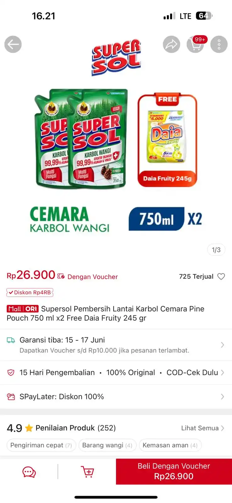 Image from INFO PROMO RACUN SHOPEE CUAN: Supersol Pembersih Lantai Karbol Cemara Pine Pouch 750 ml x2 Free Daia...