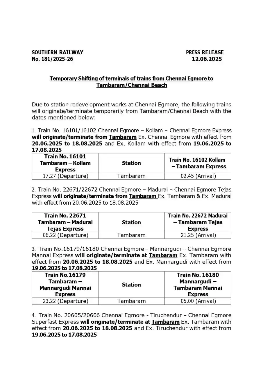 Image from Southern Railway Official: Temporary Shifting of terminals of trains from Chennai Egmore to Tamba...