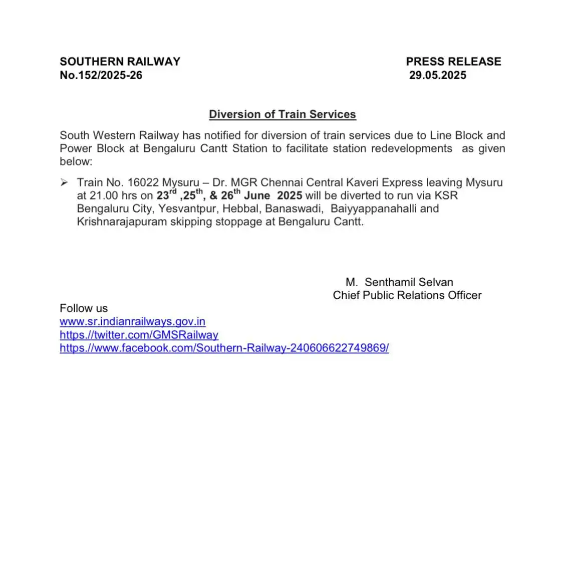 Image from Southern Railway Official: 🚧 Train Diversions Alert! Due to Line & Power Blocks at Bengaluru Ca...
