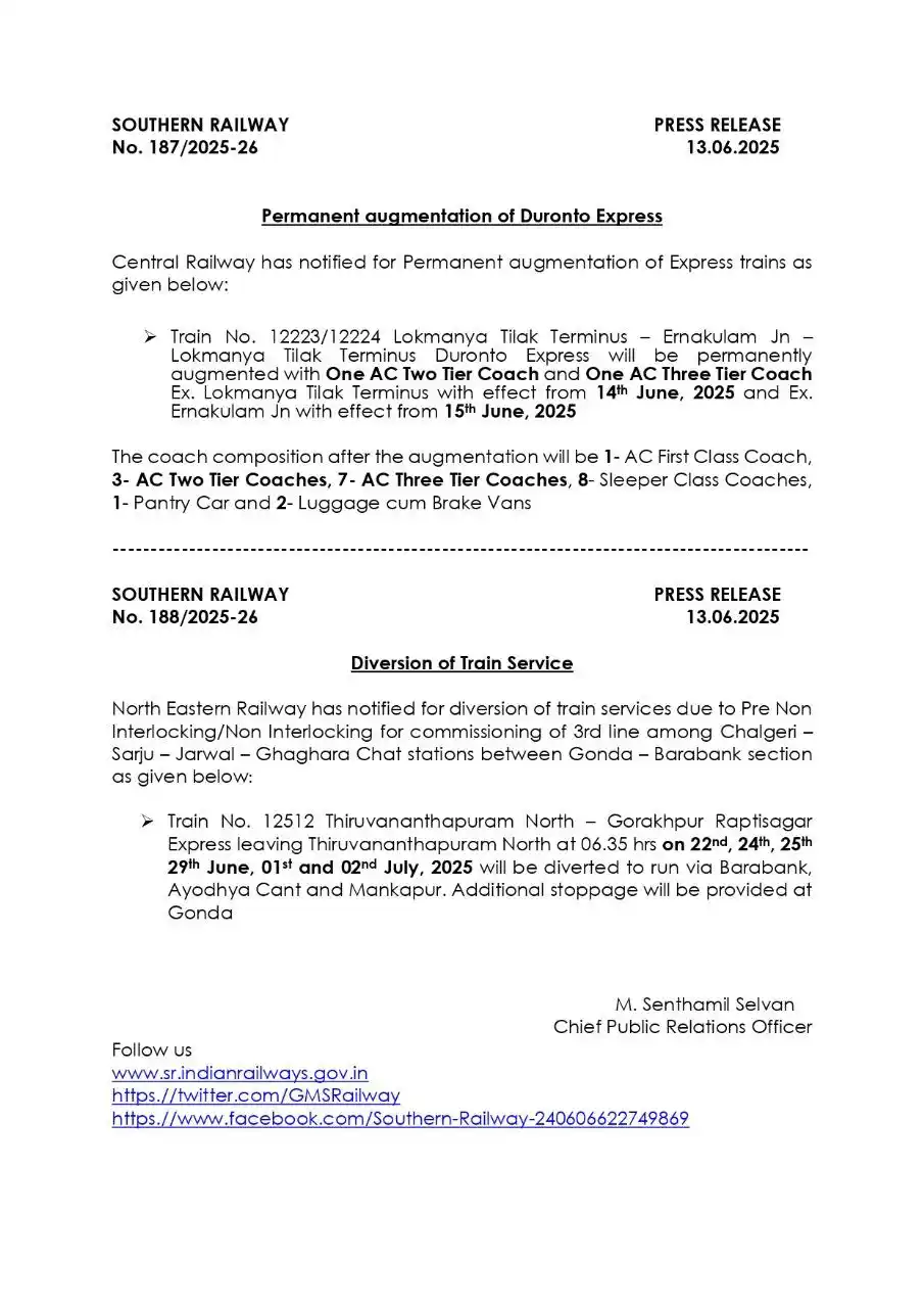 Image from Southern Railway Official: 🚆 Train Service Update Central Railway has notified the permanent au...
