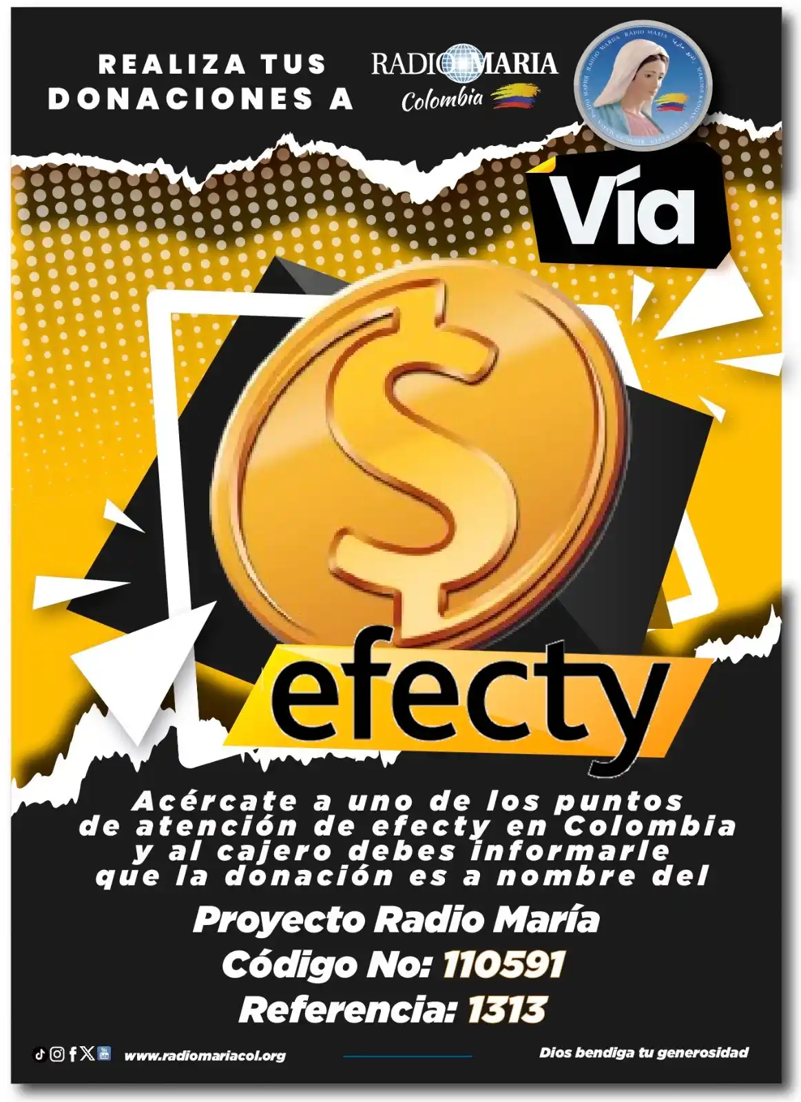 Image from Canal Radio María Colombia: 💛 *Vía efecty* también puedes ayuda a Radio María en *Mariatón*, es s...