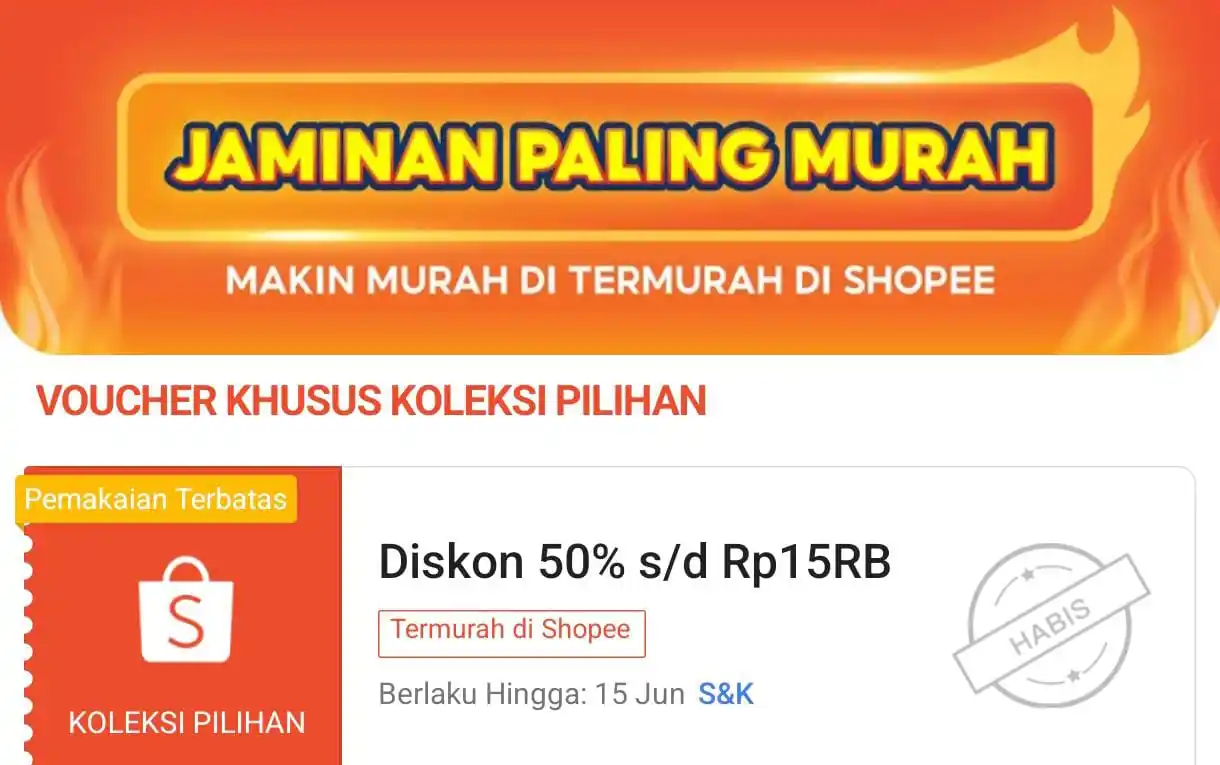 Image from PROMO SHOPEE 🔥: Vocher Diskon 50% max 15k Termurah Shopee 🔥 PK 18:00 https://s.shopee...