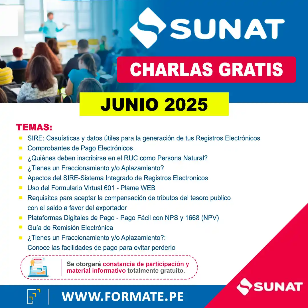 Image from Convocatorias Neg. Internacionales: Empleos - Prácticas - Capacitaciones: 📢 ¡Charlas virtuales gratuitas! Organizada por la SUNAT ✅Más informa...