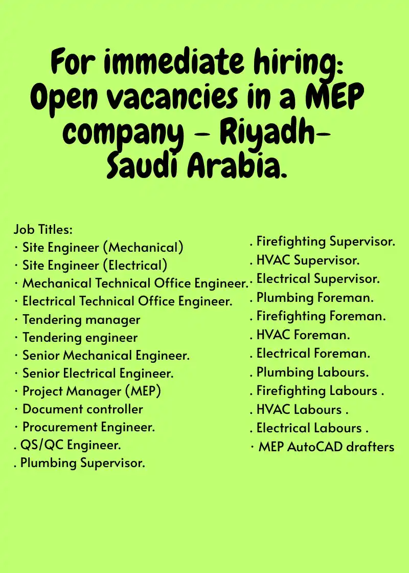 Image from Oil and Gas. Online: For immediate hiring: Open vacancies in a MEP company – Riyadh- Saudi ...