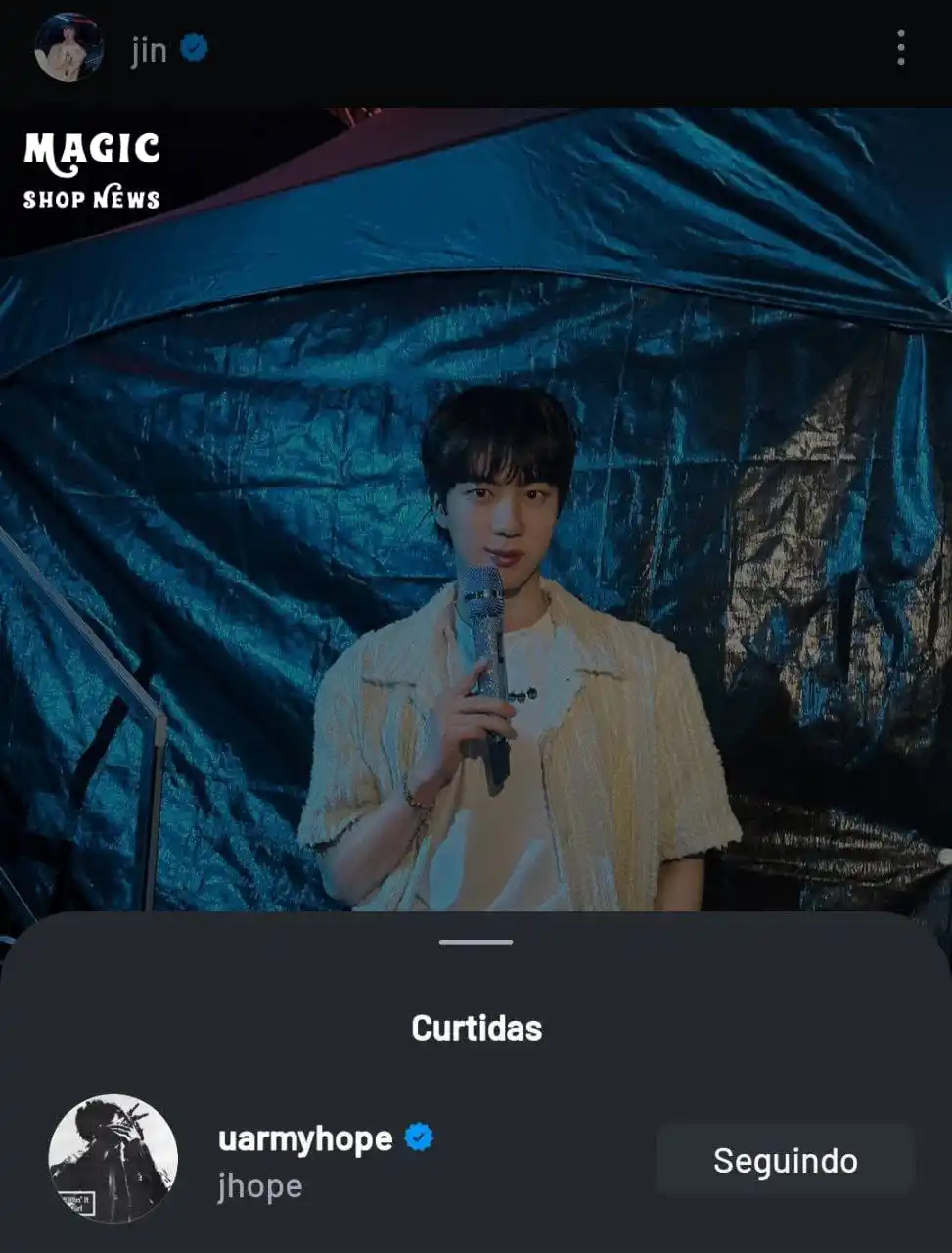 Image from Magic Shop News ⟭⟬⁷ 🪄💜 BTS: *💜 J-HOPE CURTE A PUBLICAÇÃO RECENTE DE JIN NO INSTAGRAM* Mostrando ...