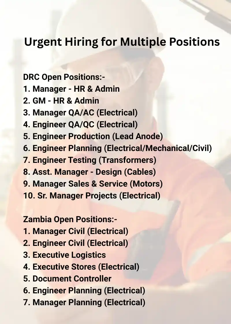 Image from Oil and Gas. Online: Urgent Hiring for Multiple Positions DRC Open Positions:- 1. Manager -...