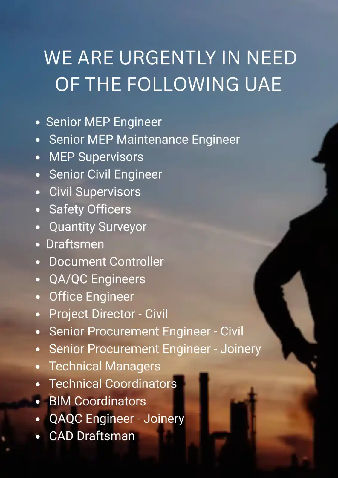 Image from Oil and Gas. Online: WE ARE URGENTLY IN NEED OF THE FOLLOWING UAE Senior MEP Engineer Seni...