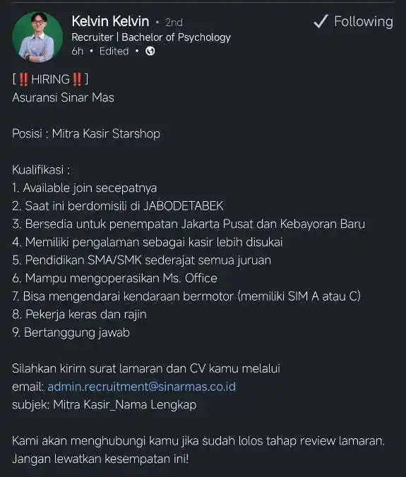 Image from LOWONGAN PEKERJAAN JABODETABEK - KARAWANG: admin.recruitment@sinarmas.co.id Subjek: mitra kasir_nama lengkap...