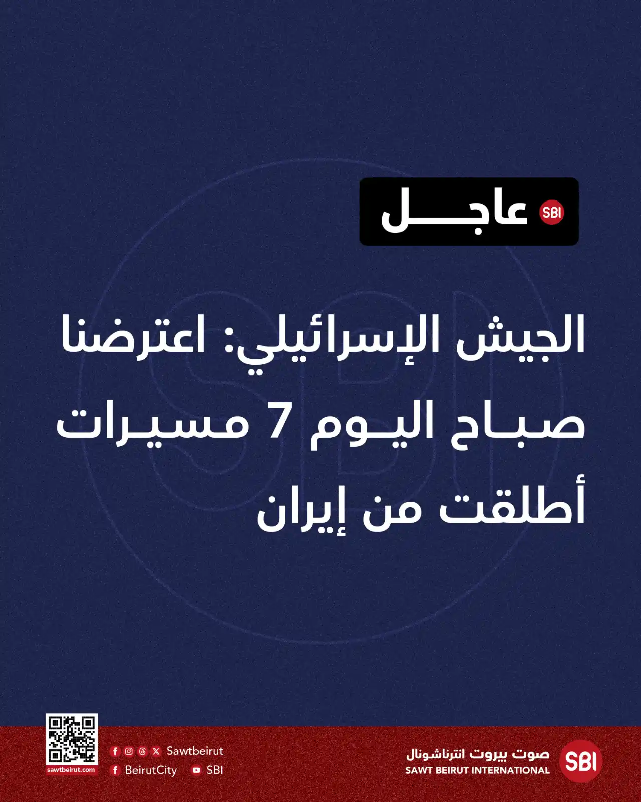 Image from صوت بيروت إنترناشونال SBI: الجيش الإسرائيلي: اعترضنا صباح اليوم 7 مسيرات أطلقت من <a class="text-...