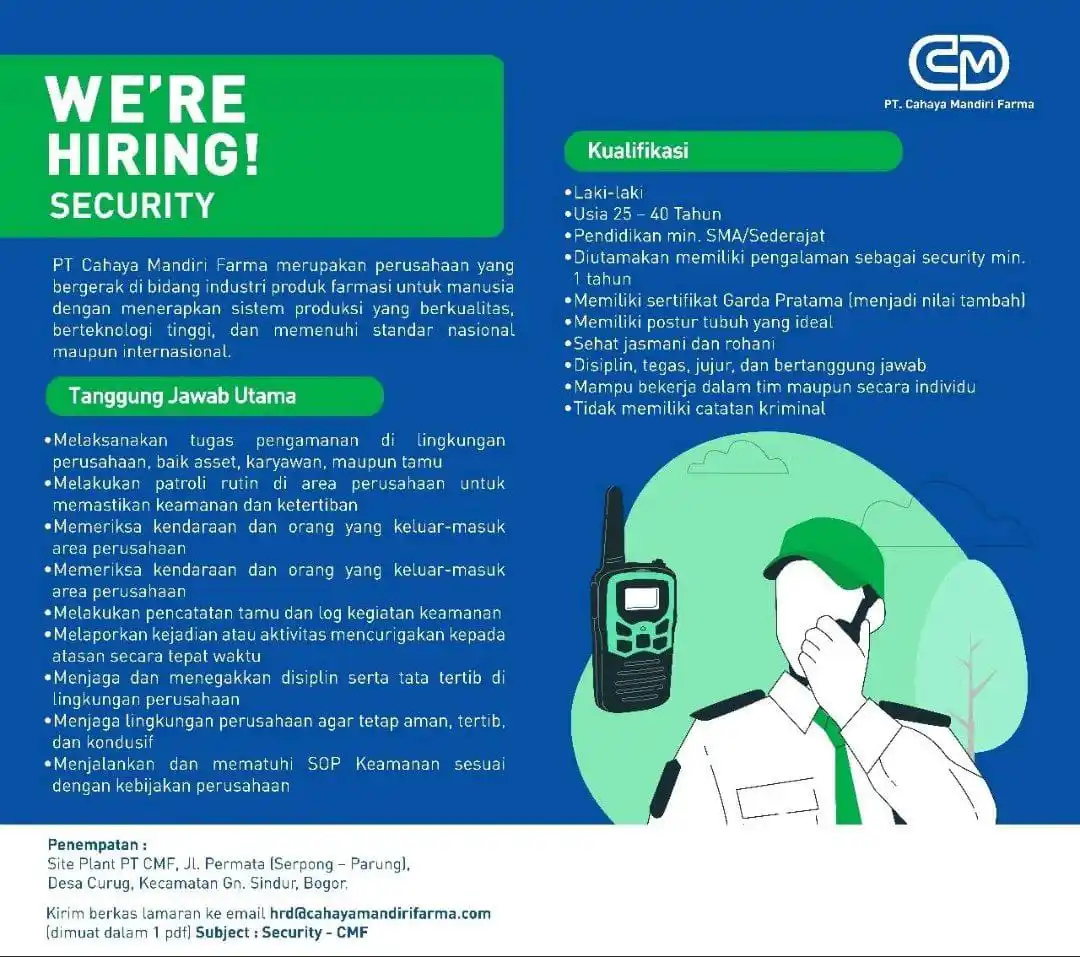 Image from LOWONGAN PEKERJAAN JABODETABEK - KARAWANG: apply : hrd@cahayamandirifarma.com subject : position_name...