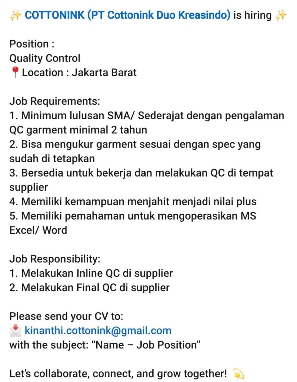 Image from LOWONGAN PEKERJAAN JABODETABEK - KARAWANG: apply : kinanthi.cottonink@gmail.com subject : name_position...