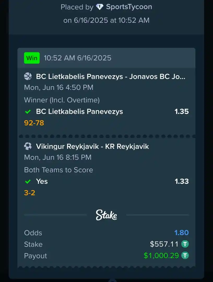 Image from Funnybros : *BET OF THE DAY TICKET WON ON STAKE!!!* ✅💵🔥✅💵💥✅💵🔥✅ 💵 $1,000 w...