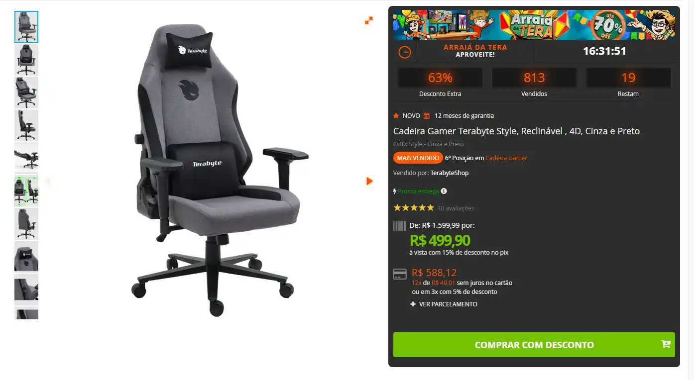 Image from GPCR Promo - Hardware e Tecnologia: 🔥Cadeira Gamer Terabyte Style, Reclinável , 4D 💲R$499,90 Cinza e P...