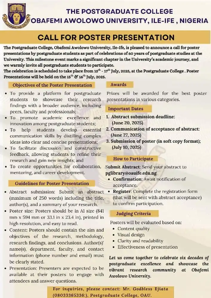 Image from OBAFEMI AWOLOWO UNIVERSITY (GREAT IFE).: *Call for Poster Presentations: Obafemi Awolowo University Postgraduat...