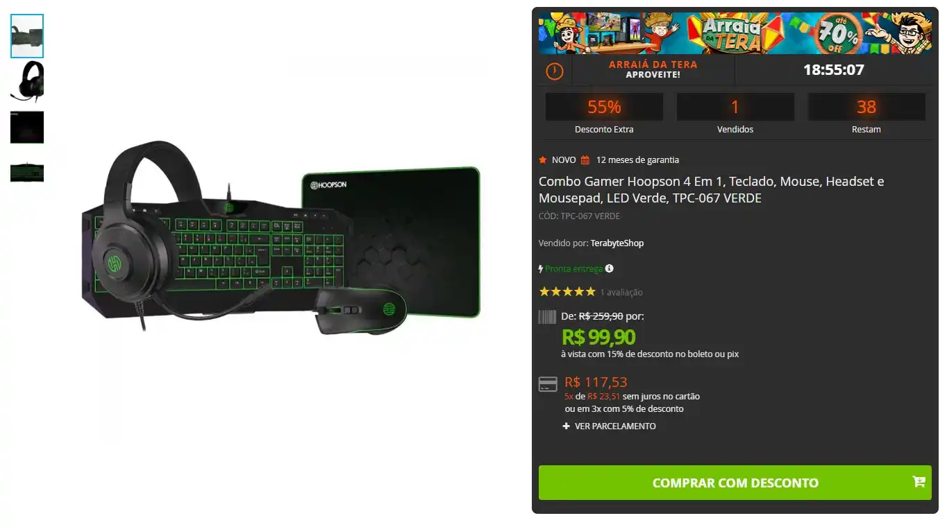 Image from GPCR Promo - Hardware e Tecnologia: 🔥Combo Hoopson 4 Em 1, Teclado, Mouse, Headset e Mousepad, LED Verde ...