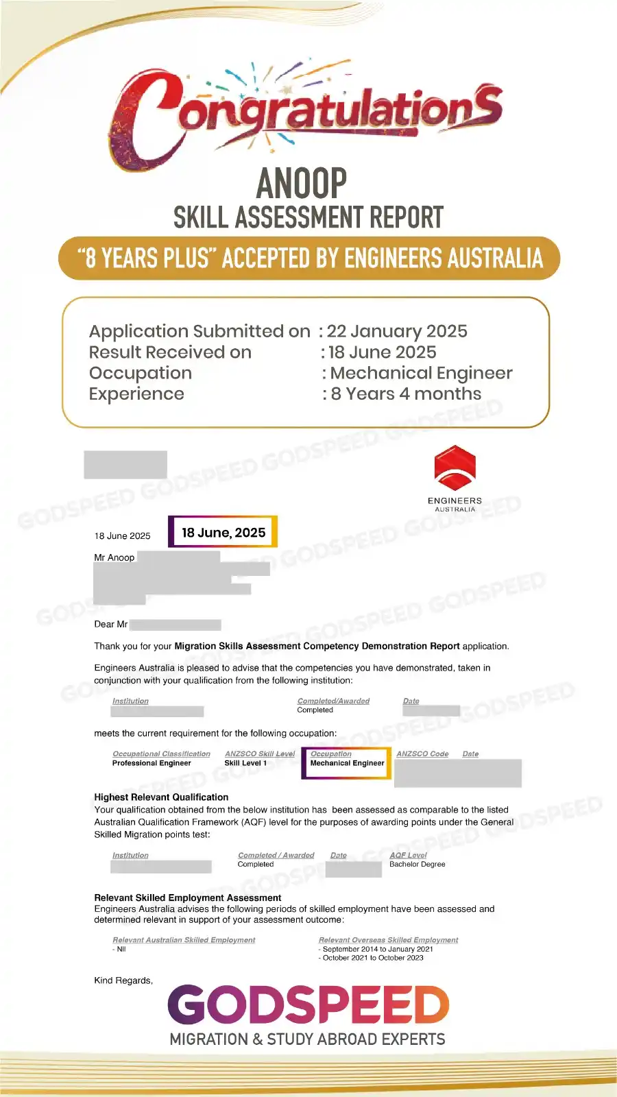 Image from Godspeed Immigration & Study Abroad Pvt Ltd: Congratulations, *Mr. Anoop* (Mechanical Engineer), on your positive s...