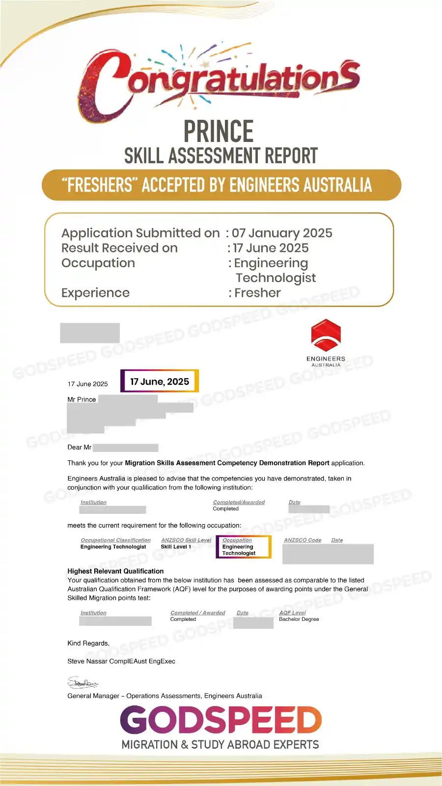 Image from Godspeed Immigration & Study Abroad Pvt Ltd: Congratulations, *Mr. Prince* (Engineering Technologist), on your posi...