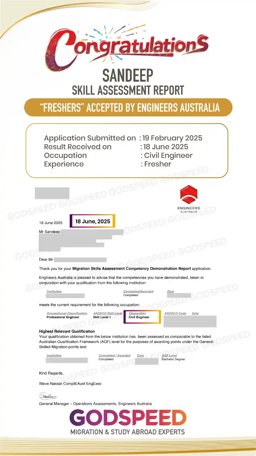 Image from Godspeed Immigration & Study Abroad Pvt Ltd: Congratulations, *Mr. Sandeep* (Civil Engineer), on your positive skil...