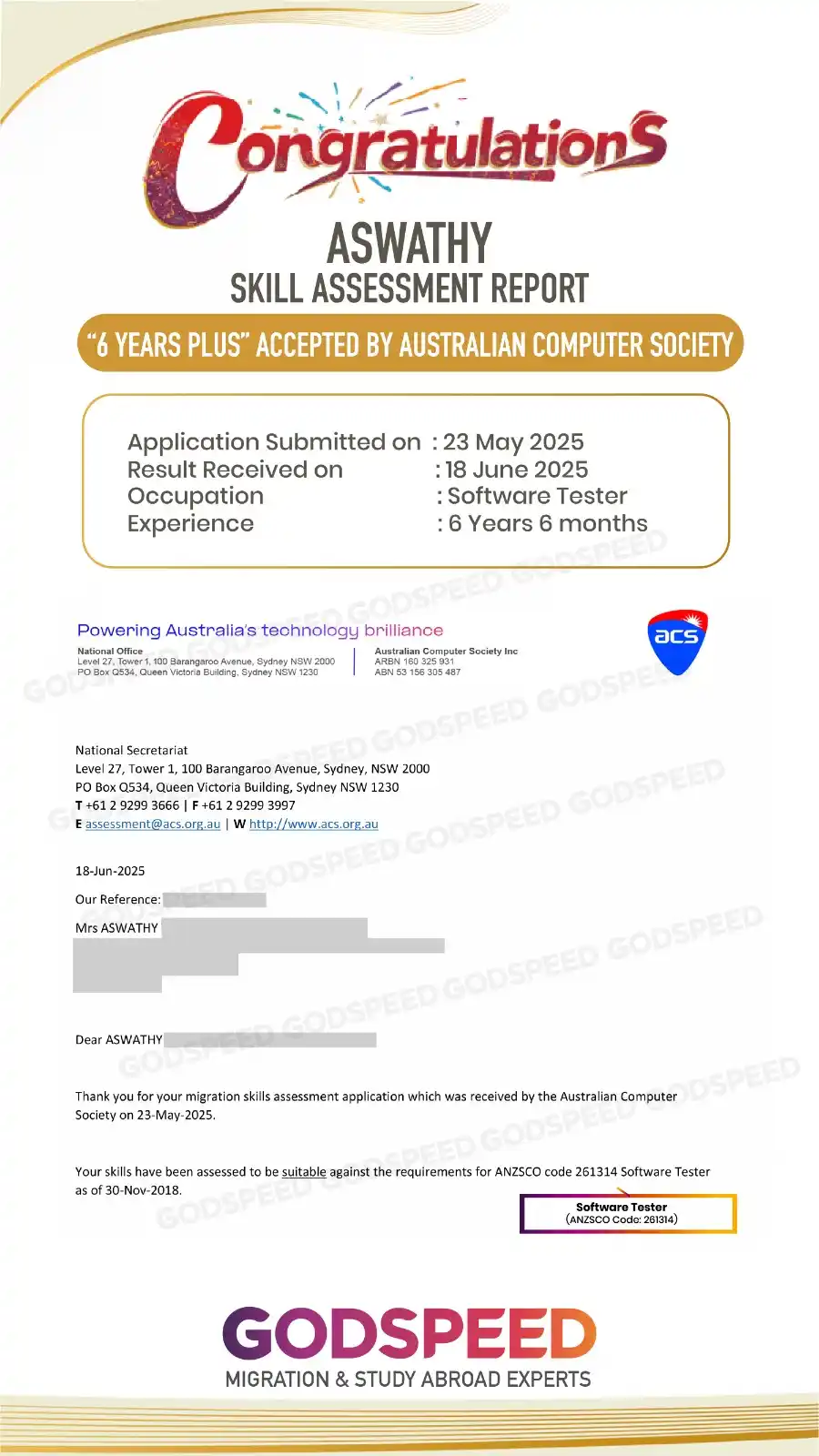 Image from Godspeed Immigration & Study Abroad Pvt Ltd: Congratulations, Mrs. Aswathy, on your positive skill assessment resul...