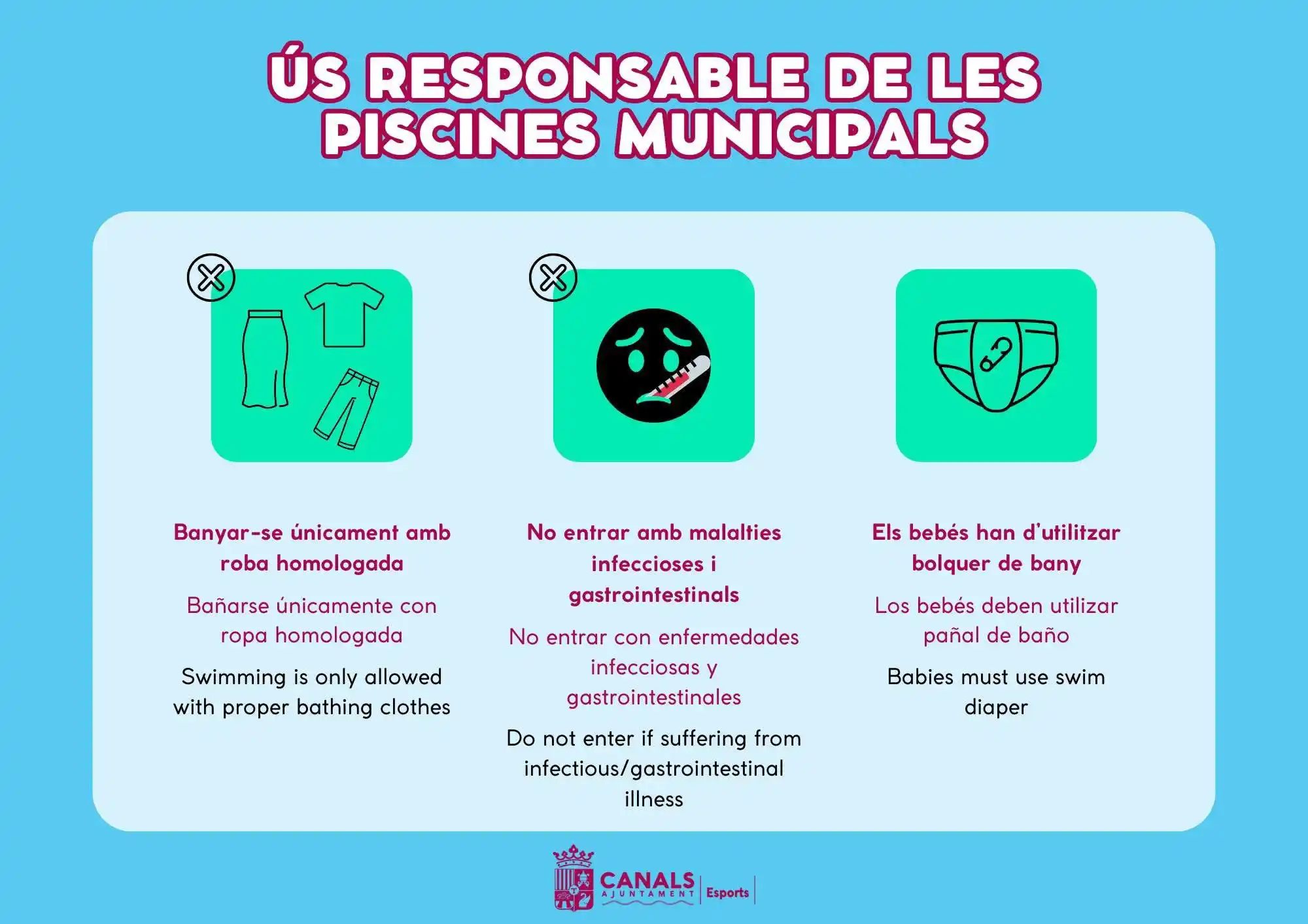 Image from Ajuntament de Canals: 🏊♀️ Demà obrim les piscines! 📑 A l'entrada i arreu del recinte tro...