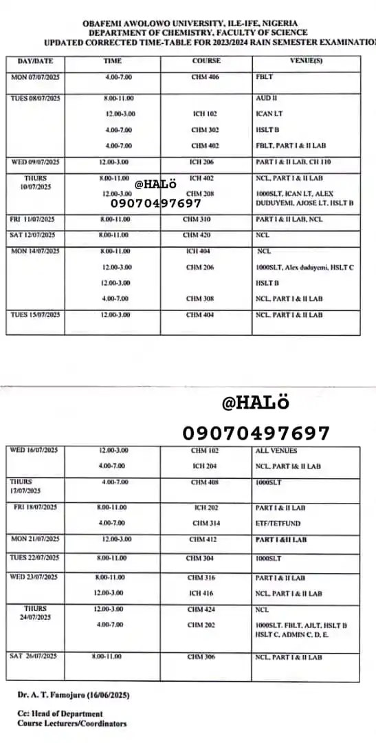 Image from OBAFEMI AWOLOWO UNIVERSITY (GREAT IFE).: *DEPARTMENT OF CHEMISTRY UPDATED TIME TABLE FOR 2023/24 RAIN SEMESTER ...