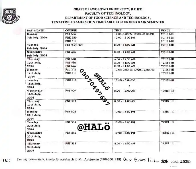 Image from OBAFEMI AWOLOWO UNIVERSITY (GREAT IFE).: *DEPARTMENT OF FOOD SCIENCE AND TECHNOLOGY EXAMINATION TIMETABLE FOR 2...