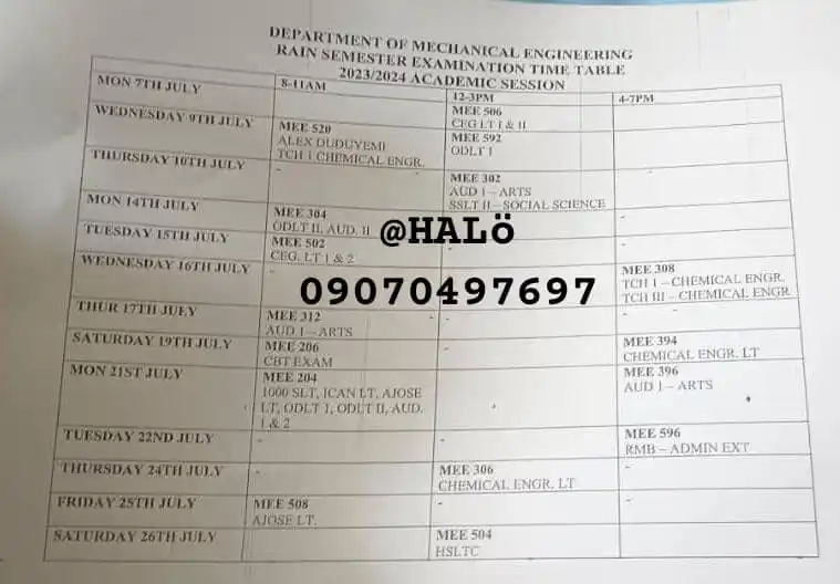 Image from OBAFEMI AWOLOWO UNIVERSITY (GREAT IFE).: *DEPARTMENT OF MECHANICAL ENGINEERING EXAMINATION TIMETABLE FOR 2023/2...