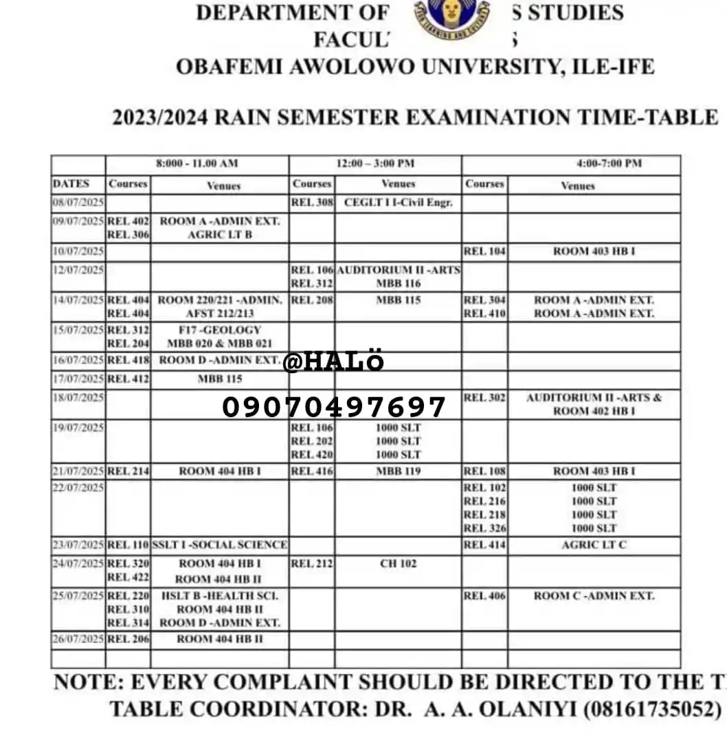 Image from OBAFEMI AWOLOWO UNIVERSITY (GREAT IFE).: *DEPARTMENT OF RELIGIOUS STUDIES EXAMINATION TIMETABLE FOR 2023/24 RAI...
