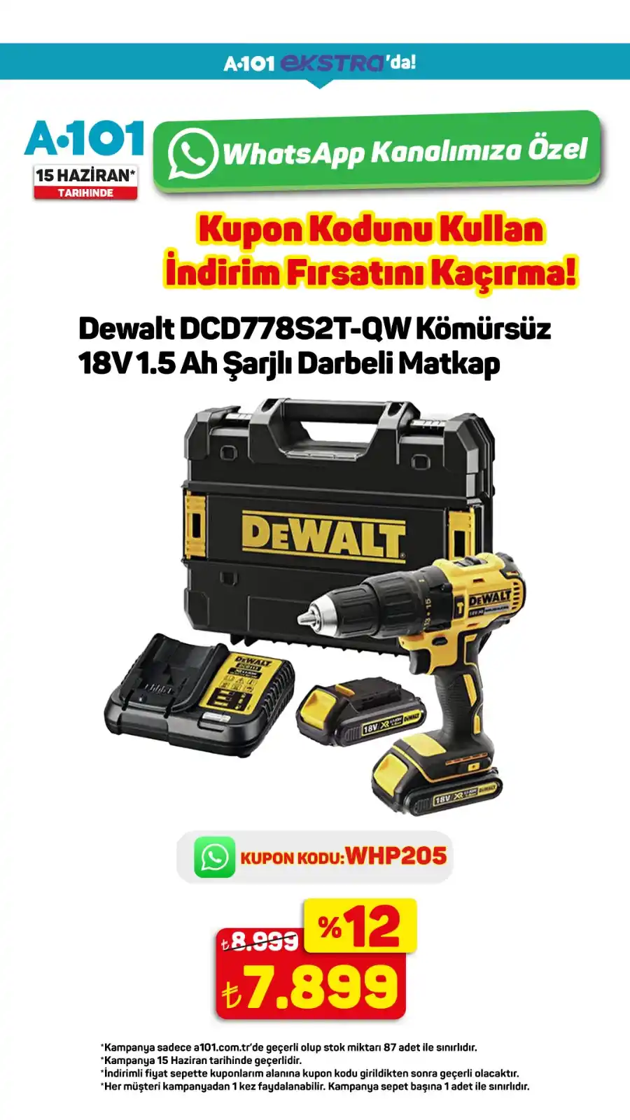 Image from A101iletişim: Dewalt DCD778S2T-QW Kömürsüz 18V 1.5 Ah Şarjlı Darbeli Matkap için kup...