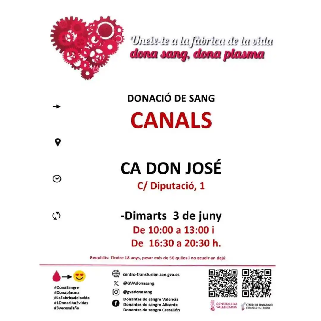 Image from Ajuntament de Canals: 🩸 Dimarts que ve torna la 𝐝𝐨𝐧𝐚𝐜𝐢ó 𝐝𝐞 𝐬𝐚𝐧𝐠 a Canals Jorna...