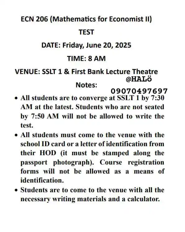Image from OBAFEMI AWOLOWO UNIVERSITY (GREAT IFE).: *ECN 206 TEST SCHEDULE AND SITTING ARRANGEMENT ‼️.* _*To whom it may ...