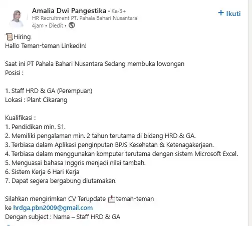 Image from LOWONGAN PEKERJAAN JABODETABEK - KARAWANG: hrdga.pbn2009@gmail.com Subjek: STAFF HRD&GA_NAMA...