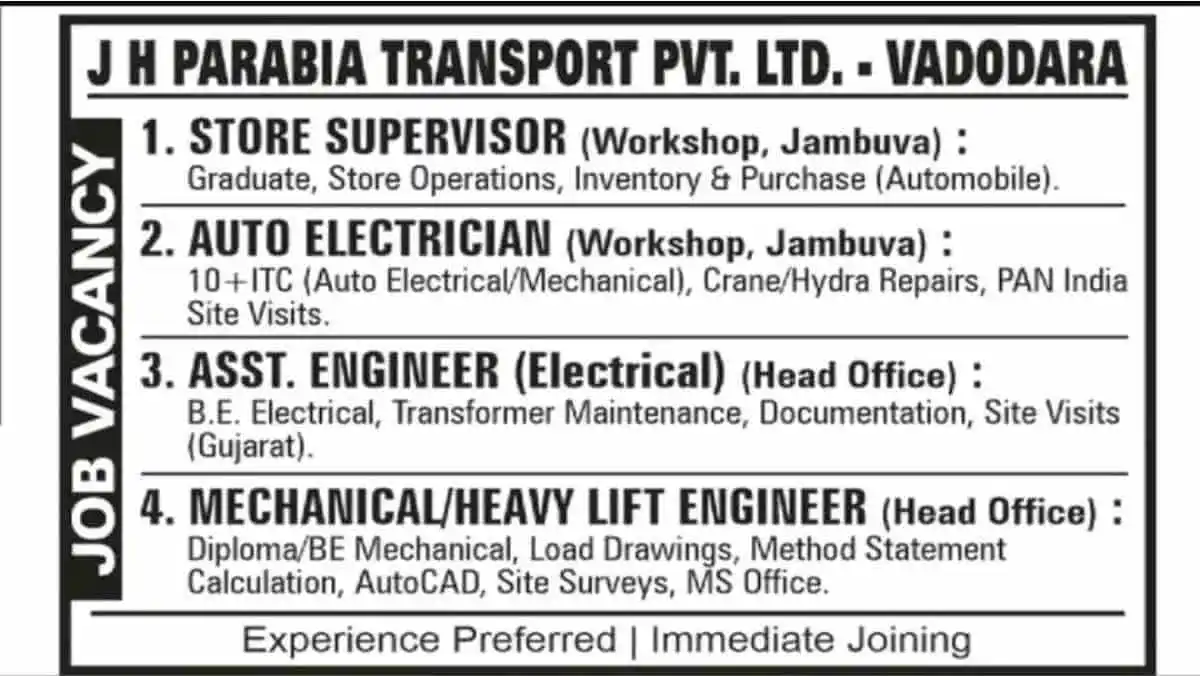 Image from Construction Placement: 📢📢 *J H Parabia Transport Pvt Ltd Careers: Immediate Hiring in Vadod...