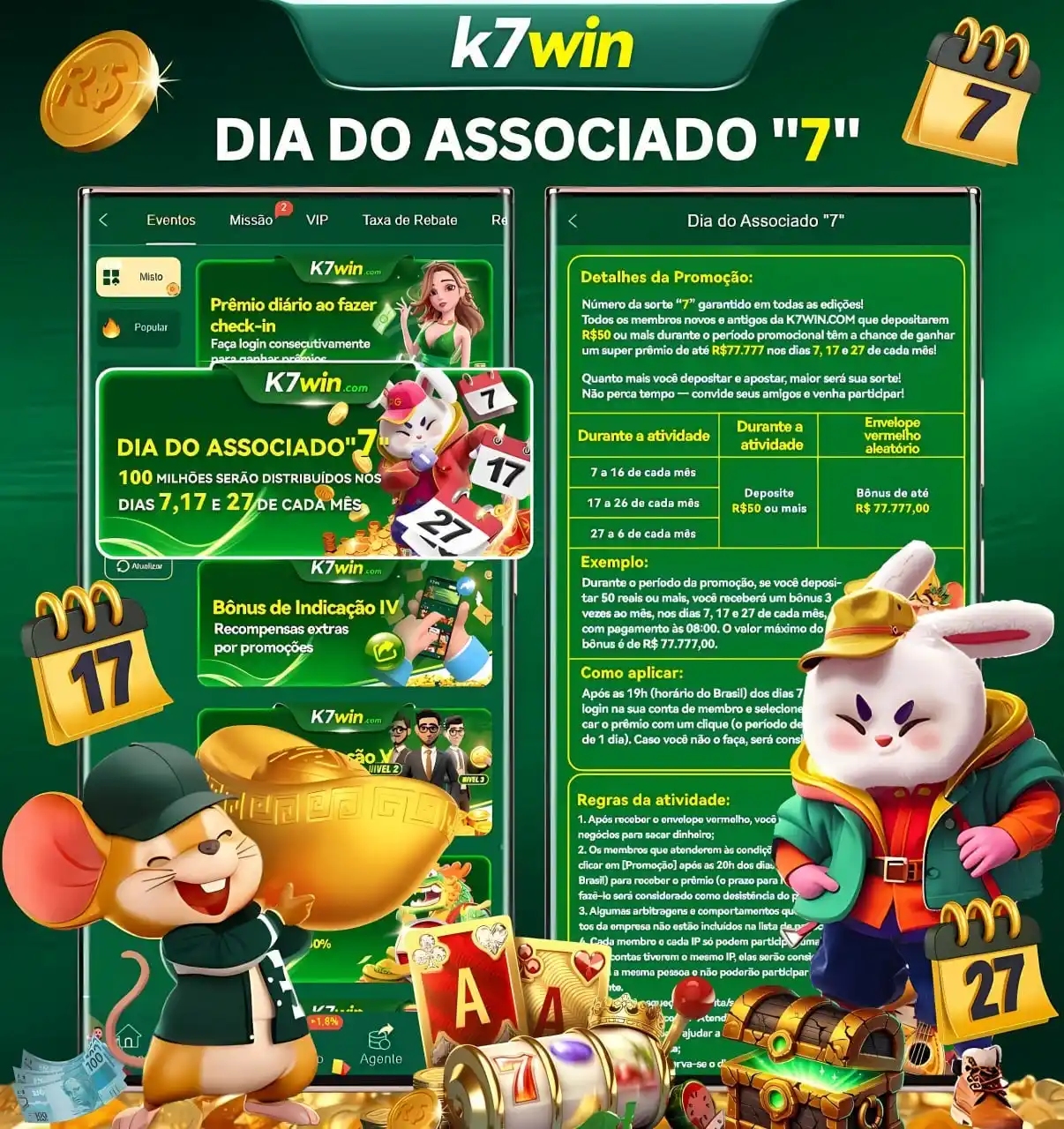 Image from k7win.com: K7WIN.APP 🎁DIA DO ASSOCIADO ''7''🎁 🎊A sorte chegou!🎊 🗓O bônus...
