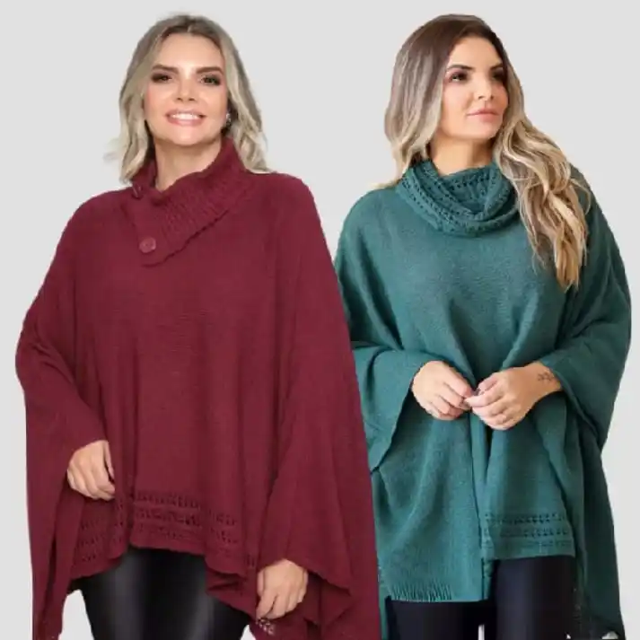 Image from Promoções Shoppe E Magazine: Kit 2 Poncho Feminino Tricô Casual Inverno Casaco Punho Tendência Lã L...