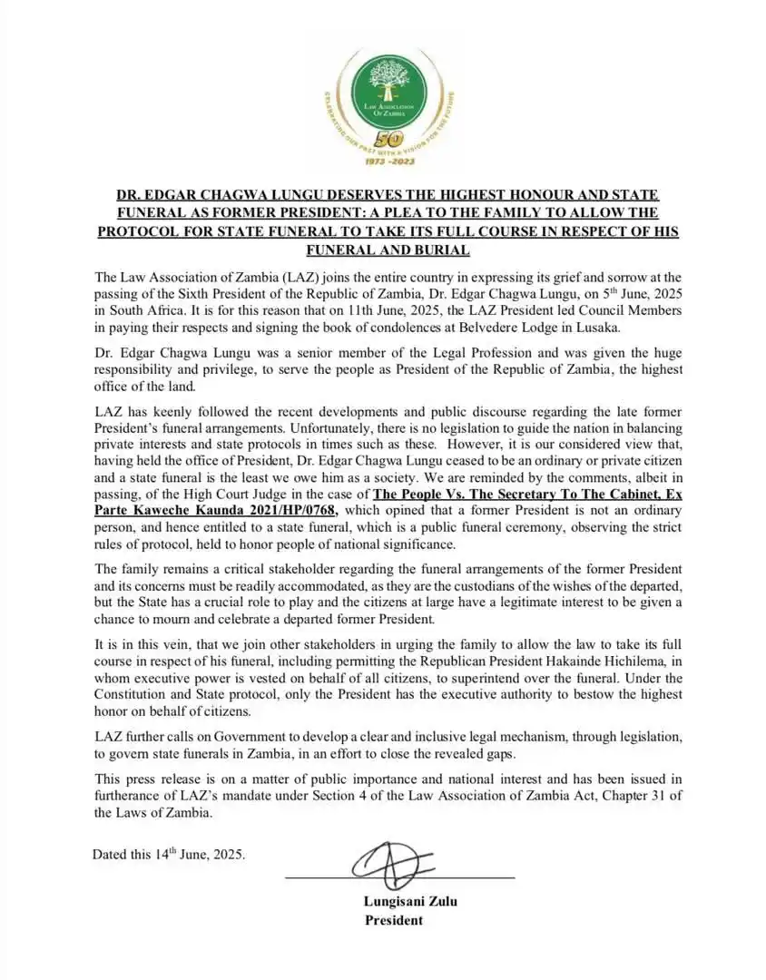 Image from Zed Blog: LAZ says former president Edgar Lungu deserves a state funeral....