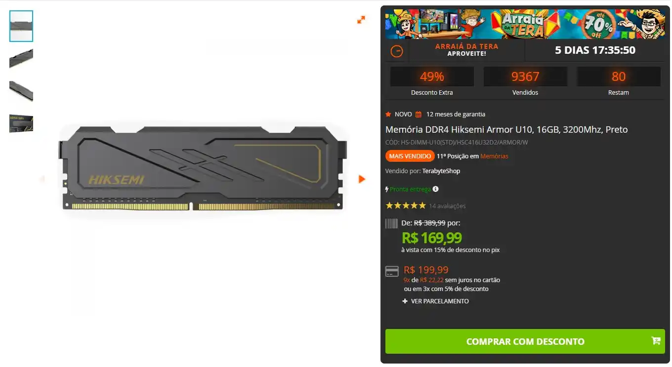 Image from GPCR Promo - Hardware e Tecnologia: 🔥Memória DDR4 Hiksemi Armor U10, 16GB, 3200Mhz, Preto 💲R$169,90 🔗...
