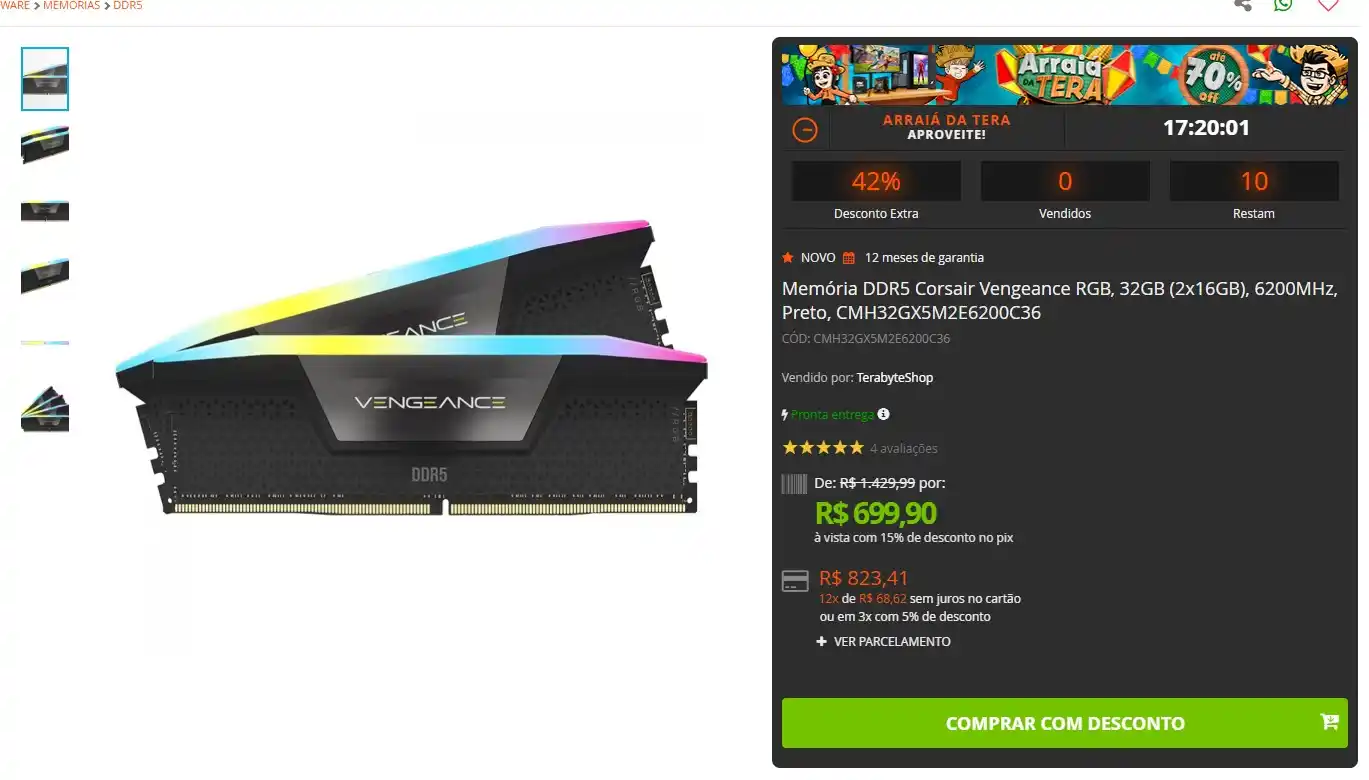 Image from GPCR Promo - Hardware e Tecnologia: 🔥Memória DDR5 Corsair Vengeance RGB, 32GB (2x16GB), 6200MHz 💲R$699,...